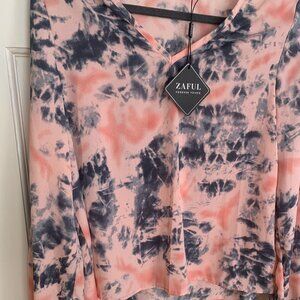 Pink Blue Tie Dye V Neck Long Sleeve Blouse Pullover Women's Medium